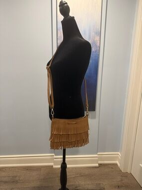 Fringed Tan Crossbody Bag with Adjustable Strap